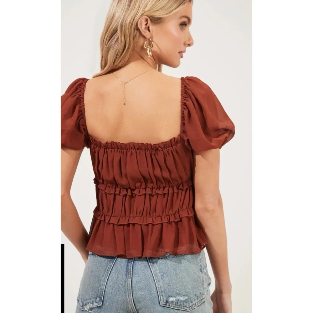 ASTR The Label Puff Sleeve Nutmeg Rust Puff Sleeve Blouse Top Size S